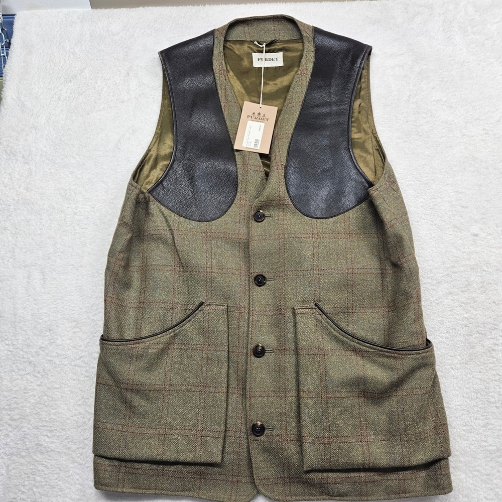 James Purdey Mens Recoil Vest Olive Tweed Leather Shooting Waistcoat Size 44